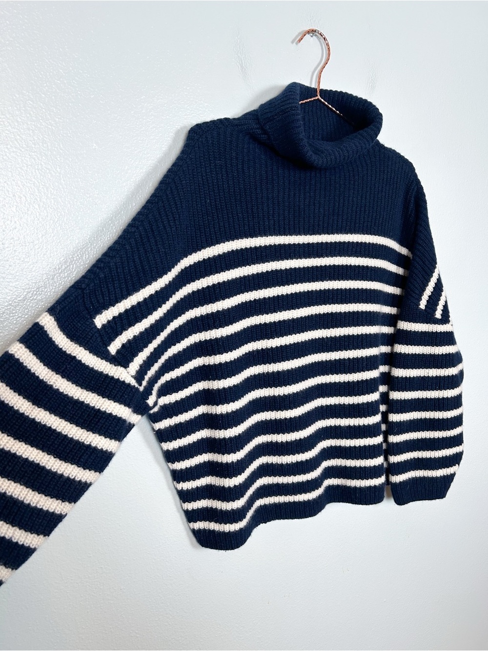 J. Crew Cashmere Striped Navy Turtleneck Sweater - Picture 4 of 7